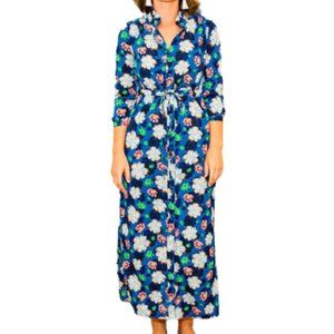 Banana Republic Blue Multi 3/4 Sleeve Smocked Shoulder Maxi Shirtdress Size 2